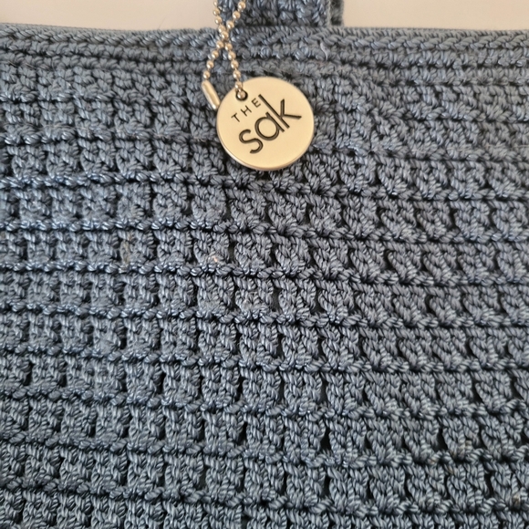 The Sak Sky Blue Crocheted Women Knit Handbag Purse Bag Double Handle - Picture 2 of 4